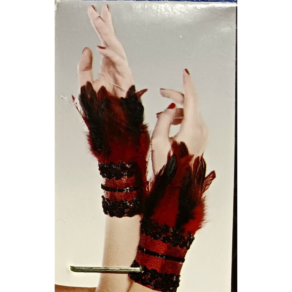 Firebird Feather Wrist Cuffs Red Black Sequin Trim Feather (cuffs not gloves) - Picture 1 of 4
